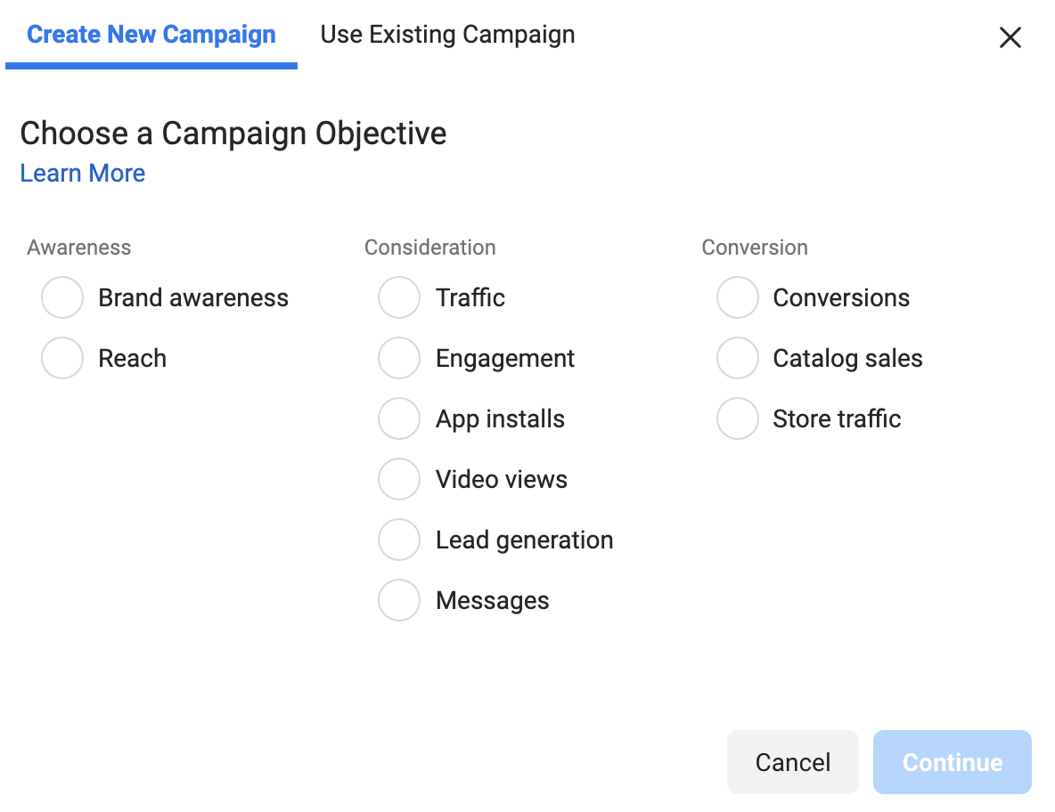 An image from Facebook's Ad Manager detailing the three Ad Types: Awareness, Consideration, and Conversion