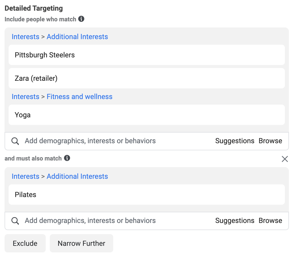 An image from Facebook's Ad Manager detailing the audience Interests section used to grow your Facebook ads account